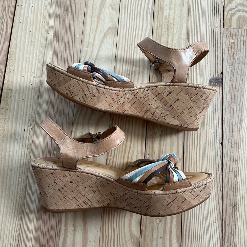 Born D58141 Tan Leather Cork Wedge Sandals Multi Color Knot Ankle Strap Womens 9 - Picture 7 of 8